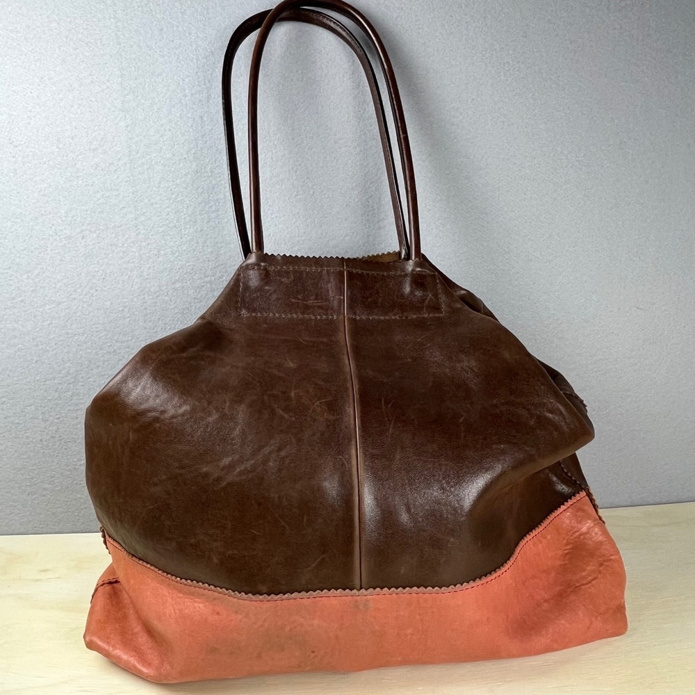 Banana Republic Leather Colorblock Tote Bag Brown Coral Slouchy Shoulder Bag